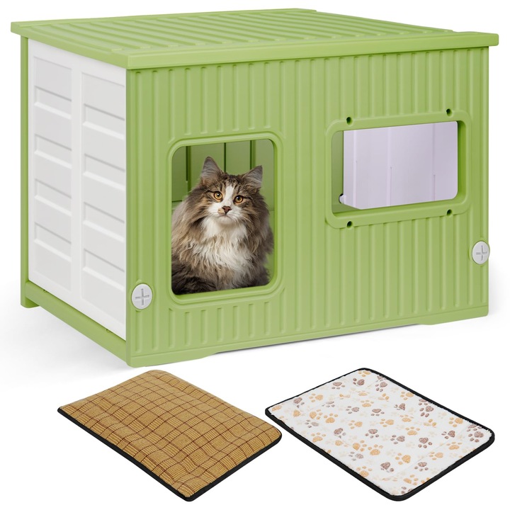 Căsuță pentru pisici, Rain Queen, plastic, interior/exterior, rezistentă la intemperii, verde