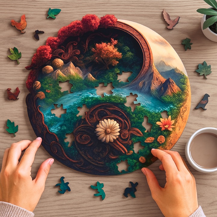 Kerek fa mandala kirakó – Yin Yang, Természet, 150 darabos, Relaxáció és stresszoldás, 29 cm