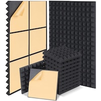Set 24 panouri fonoabsorbante autoadezive, Bedee, Forma Patrata, Spuma poliuretanica de inalta densitate, 30x30x5cm, Acustice autoadezive, Usor de taiat, Decorarea peretilor interiori, pentru fundaluri, studiouri, locuinte, conferinte, Negru