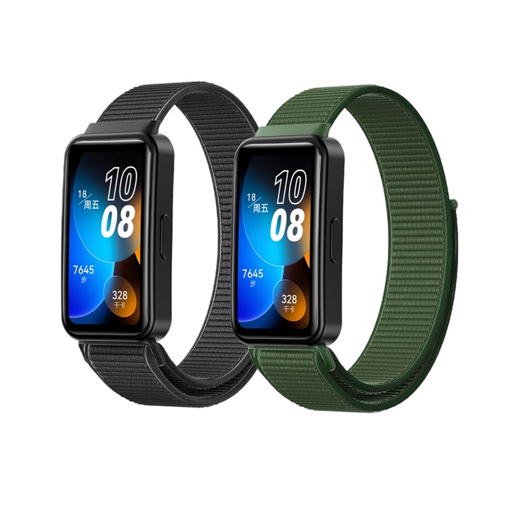 Комплект от 2 фитнес гривни, TREXORA, найлон, водоустойчиви и устойчиви на пот, черно/зелени, за серията Huawei Band 8/9/10