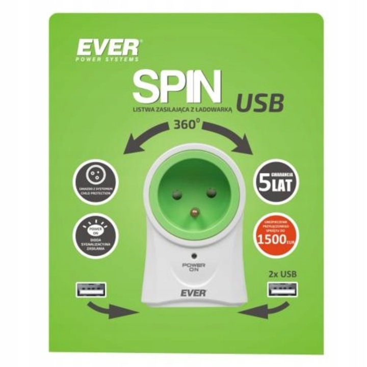 Prelungitor EVER SPIN, USB 2 porturi, 1 priza, 60x90x65mm, protectie copii