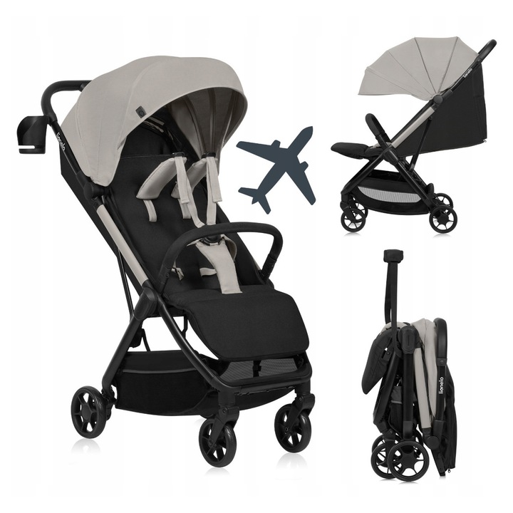 Carucior sport, Lionelo, Julie Air, Greutate redusa - 7.5 kg, Sustine 22 kg, 6 luni+, Capotina impermeabila, Protectie SPF 50+, Include suport sticla, Pliere compacta pentru calatorii, Conform cu EN1888-1 si EN1888-2, Bej