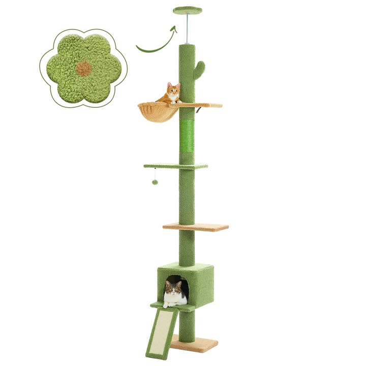 Arbore pentru pisici PAWZ Road, verde, inaltime reglabila 216-273 cm, cu hamac si casuta