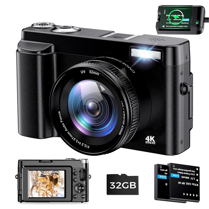 Aparat foto digital, Buyya®, Camera Digital,4K, 48MP, zoom digital 16x, Flash incorporat, accepta conexiune WiFi, Focalizare automata, ecran LCD rotativ de 3 inch, set complet cu 2 baterii si card de 32GB, Negru,115.4*46.8*70.6mm
