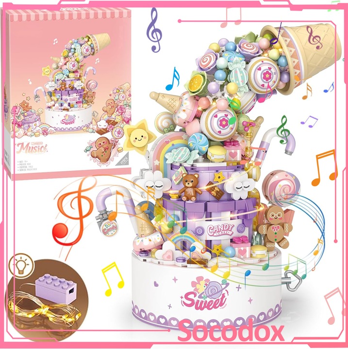 Jucarii de constructie cutie muzicala, Socodox, Set de constructii 3D, DIY, 909 buc, cu muzica si lumini, Decor Interior, Relaxare Creativa si Mindfulness, Cadoul Perfect pentru Copii, 6+ ani, ABS, Non-Toxic, Multicolor
