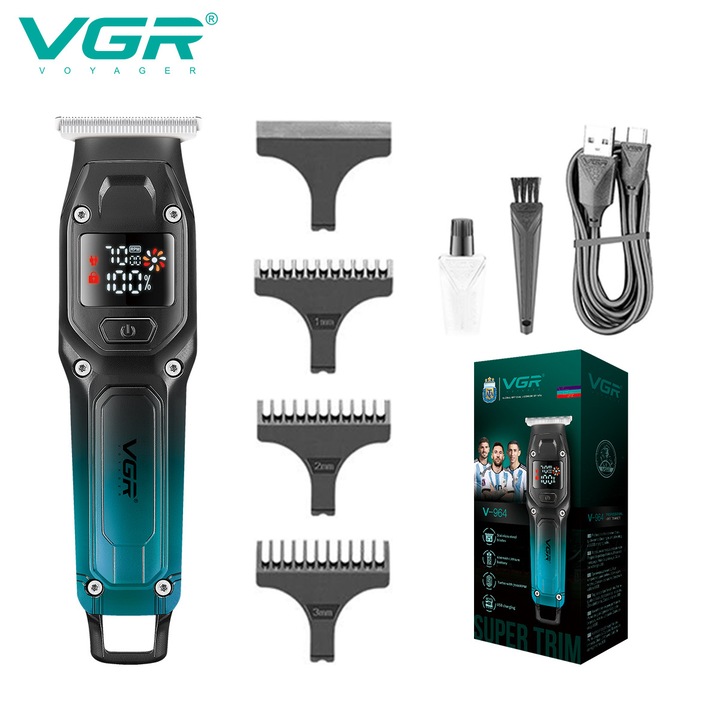Aparat de tuns VGR, reincarcabil, cu display digital, accesorii incluse, verde/negru