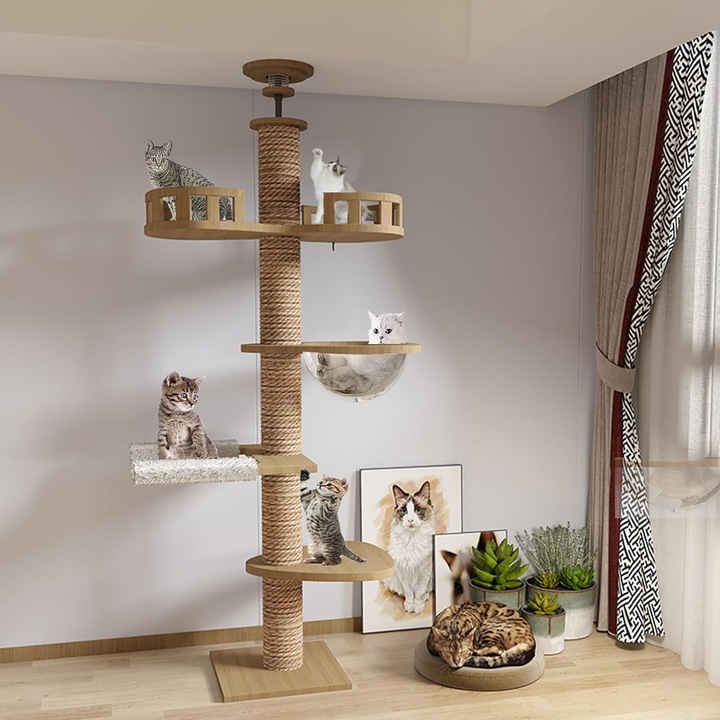 Arbore de pisici, Mekidulu, montat pe tavan, înălțime 240-250cm, 265-275cm, lățime 11cm, complet înfășurat în frânghie de sisal