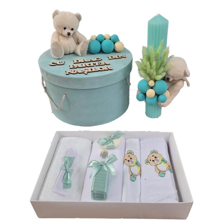 Set complet pentru Botez, 9 piese, ursulet de catifea, turcoaz