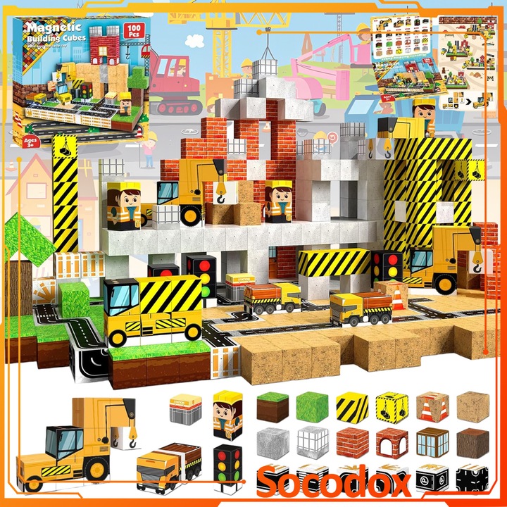 Set de Constructie Magnetic 100 de Piese, Socodox, Constructii 3D, Activitati Senzoriale, STEM, Exercitii de coordonare mana-ochi, Dimensiune individuala patrata 0.8 inch, ABS, 3 ani+, Multicolor