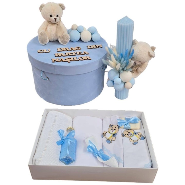 Set complet pentru Botez, 9 piese, ursulet de catifea, albastru