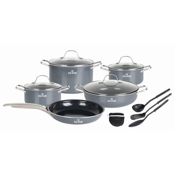Set vase de gătit cu ustensile, Zilner ZL-8137, aluminiu turnat, antiaderent, gri, 14 piese