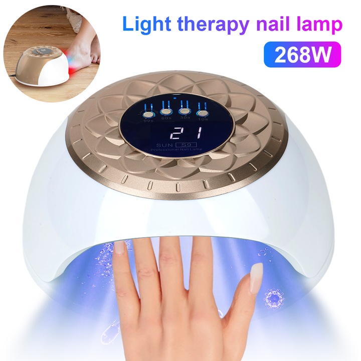 Buyya Professzionális LED Körömszárító Lámpa, Manikűr lámpa, LED körömlámpa, 268W, 4 időzítési mód, infravörös érzékelő, Szárítás 10-99 mp, 57 LED, arany/fehér, Szalon manikűrhöz, Otthoni használatra