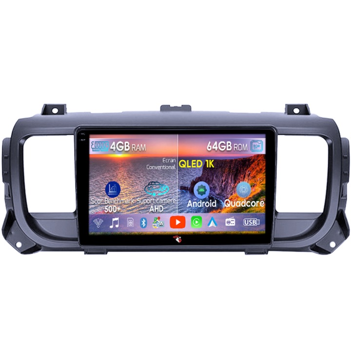 Dedikált navigáció Ford Focus 3, Citroen Jumpy 2016, 4GB RAM 64GB ROM, Octacore, Android 14, QLED 1K 9" kijelző, Carplay és Android Auto, SIM 4G, Aktív ventilátor