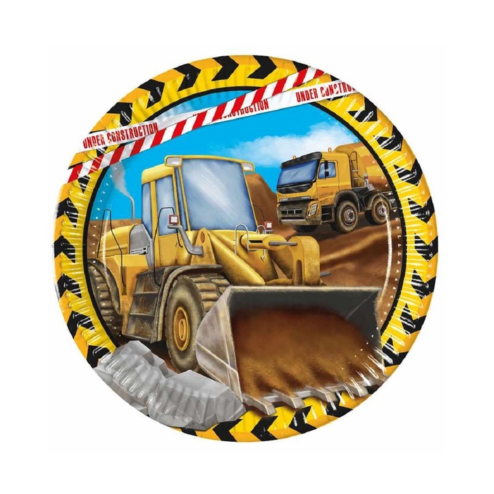 Set 8 farfurii Utilaje Constructii, 23 cm Galben