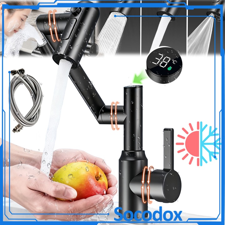 Въртящ се смесител Socodox, 3 вида струя, дигитален дисплей, неръждаема стомана, черен, за баня или кухня