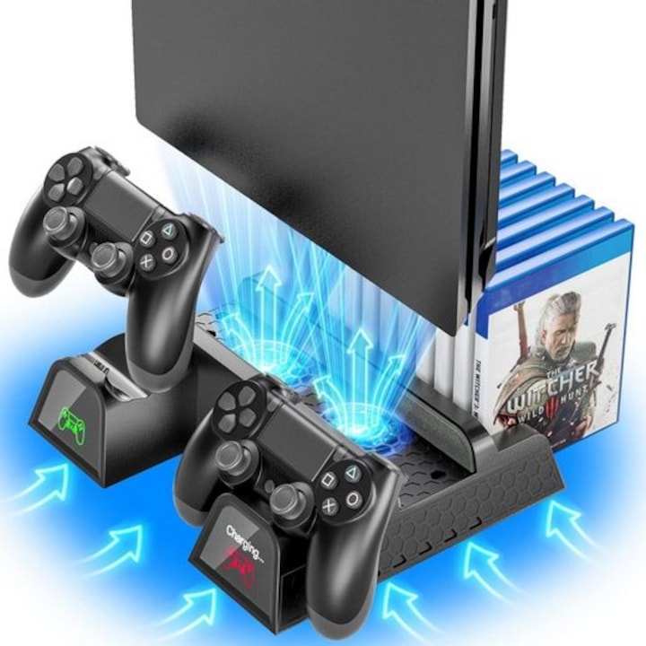 Suport pentru PS4 Haiaveng, cu racire si incarcare controler, depozitare jocuri, negru