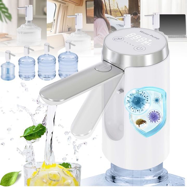 Диспенсър за вода, Socodox, електрически, дигитален дисплей, 3 режима, USB зареждане, бял