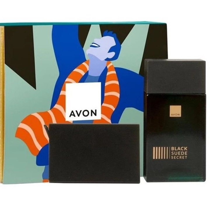 Cutie cadou Black Suede, 2 produse, Avon, Apa de toaleta 100 ml, portmoneu Craig, Avon