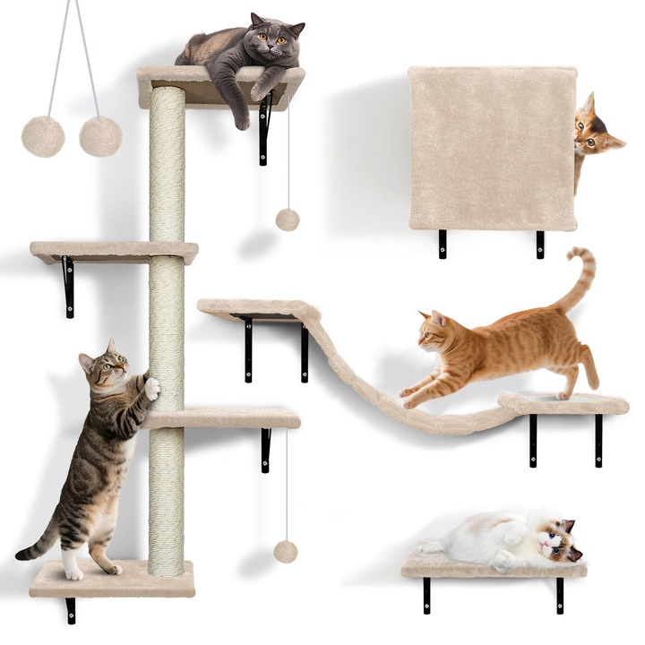 Set de perete de cățărat pentru pisici, 10 piese, pod suspendat mare, stâlpi de zgariat cu sisal, multicolor