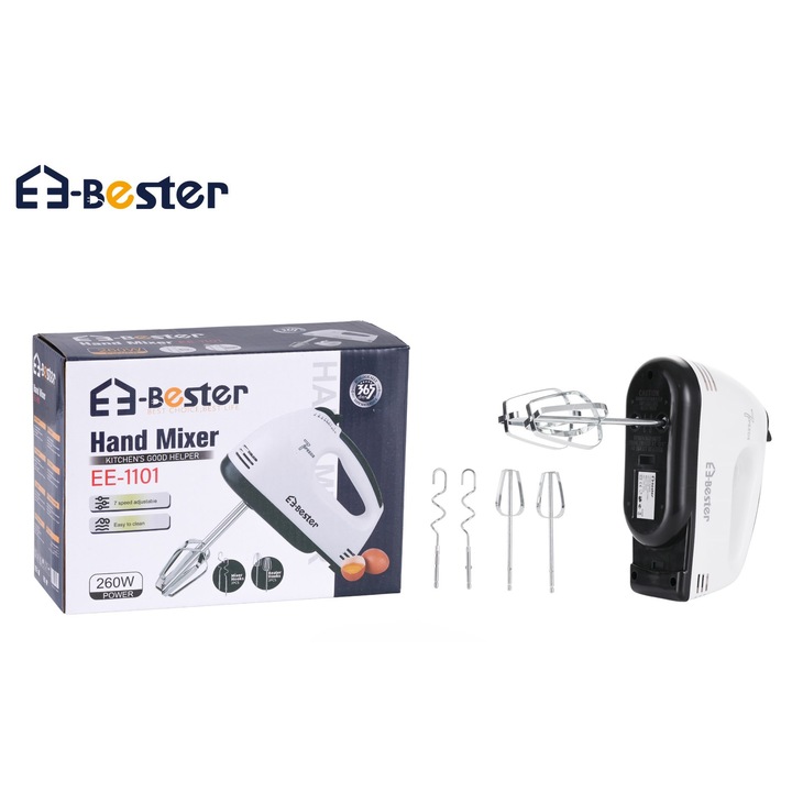 BESTER kézi mixer, 260 W, 7 sebesség, 2 habverővel és 2 rozsdamentes acél kampóval, fekete-fehér, ideális süteményekhez és gyors főzéshez EE-1101