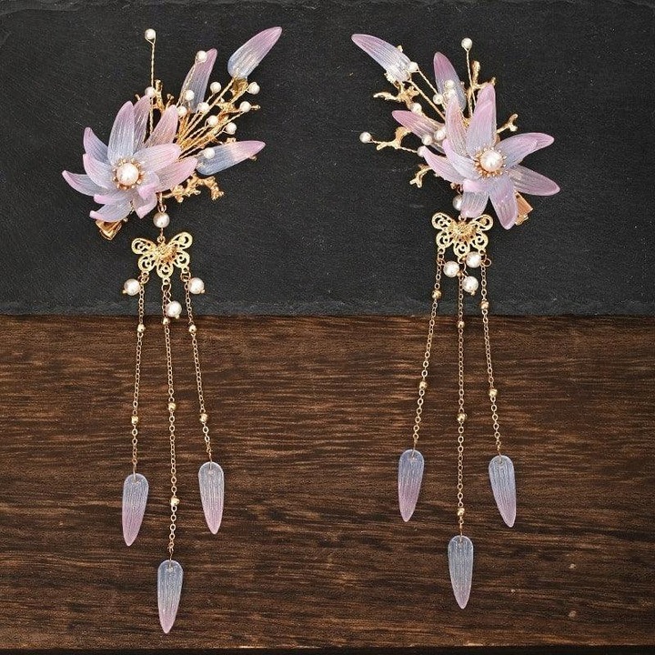 Set 2 accesorii par, aurii, cu flori mov, pietre si lanturi, Helga C7, Pursehuit