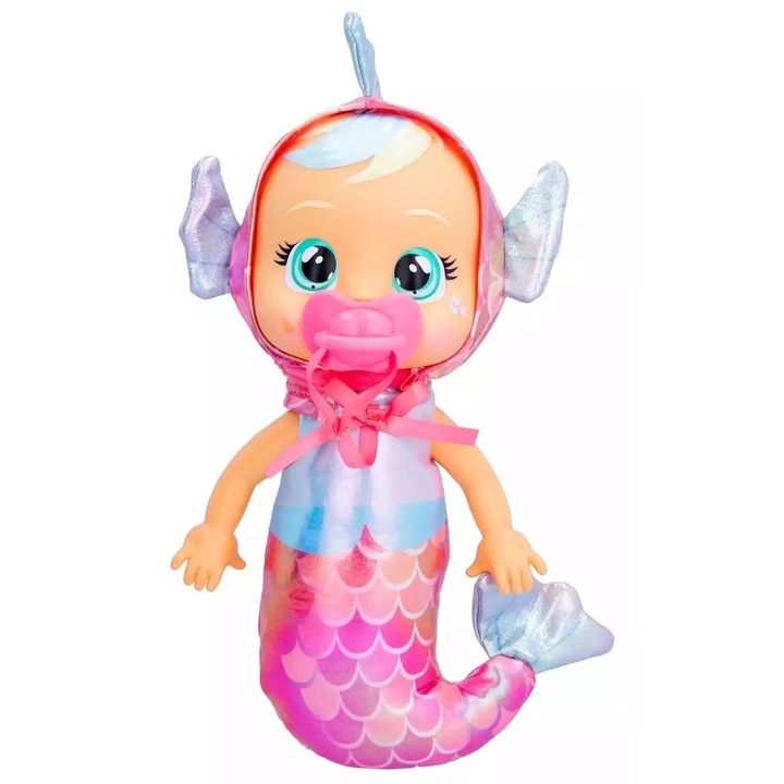 Papusa sirena IMC Toys Cry Babies Tiny Cuddles Delphine, coada moale, pijama tematica, 23cm