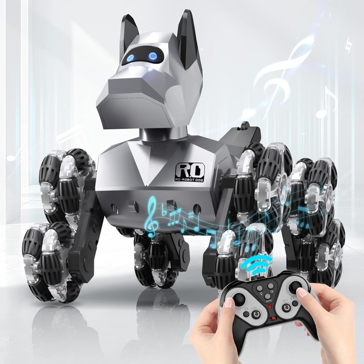 Robotkutya távirányítóval, Socodox, 360°-os forgás, hangeffektek, szürke, 3 éves kortól gyermekeknek