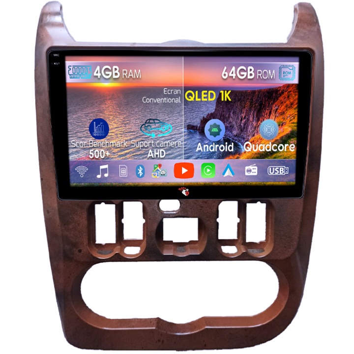 Navigatie dedicata Dacia Logan 2009-2015, 4GB RAM 64GB ROM, Octacore, Android 14, Display QLED 1K 9", Carplay&Android Auto, SIM 4G, Ventilator Activ