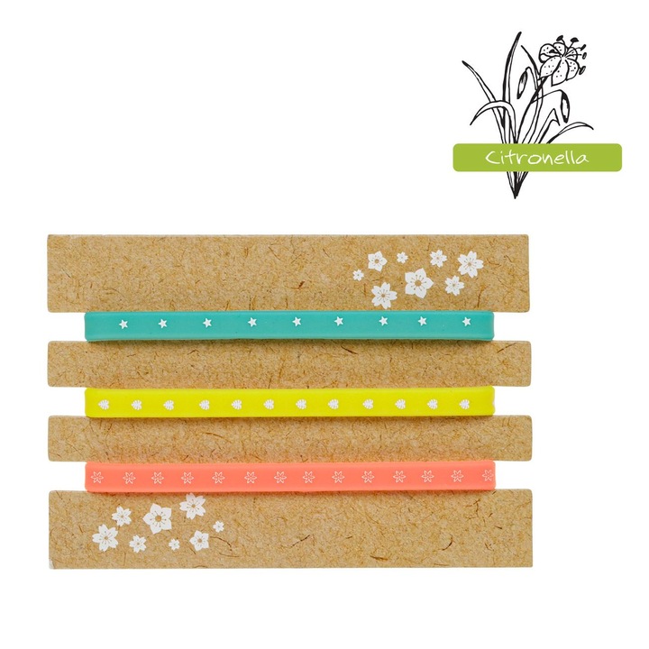 Brățări anti-țânțari, set 3buc, portocalie, galbenă, verde mentă, din silicon cu uleiuri esențiale de citronella