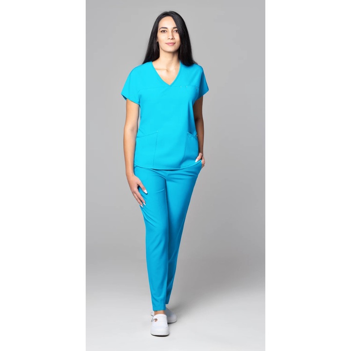 Costum medical de dama, bluza si pantalon, Slim Fit, New AMBRA, Ocean, M