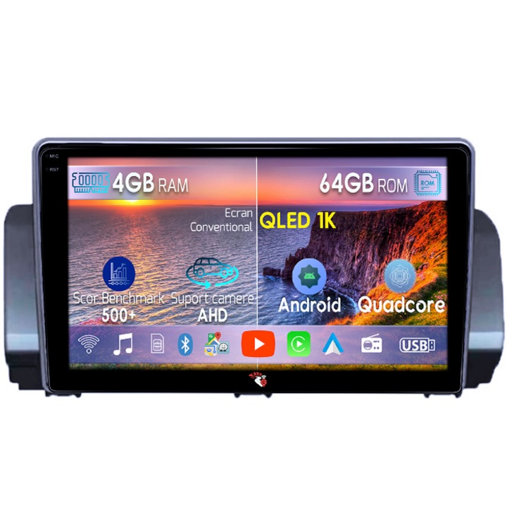Navigatie dedicata Dacia Logan 3, Stepway dupa 2021, 4GB RAM 64GB ROM, Octacore, Android 14, Display QLED 1K 9", Carplay&Android Auto, SIM 4G, Ventilator Activ