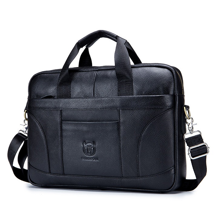 Geanta piele barbate, BullCaptain, Servieta din piele naturala, 40.5x29x8.5 cm, negru, cu bretea ajustabila, pentru laptop de 15.6 inch