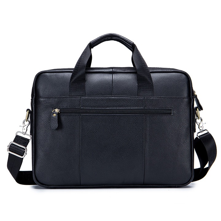 Geanta piele barbate, BullCaptain, Servieta din piele naturala, 40.5x29x8.5 cm, negru, cu bretea ajustabila, pentru laptop de 15.6 inch