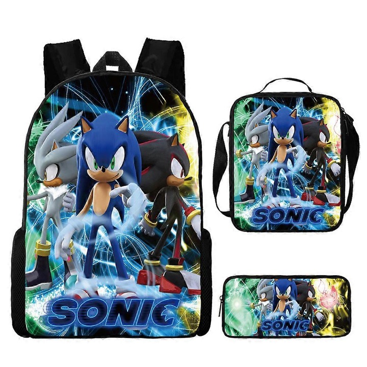 Rucsac Benobby Kids Sonic, geanta de scoala elementara Sonic, geanta de pranz, geanta pentru creioane, set de trei piese, 3-nmaov