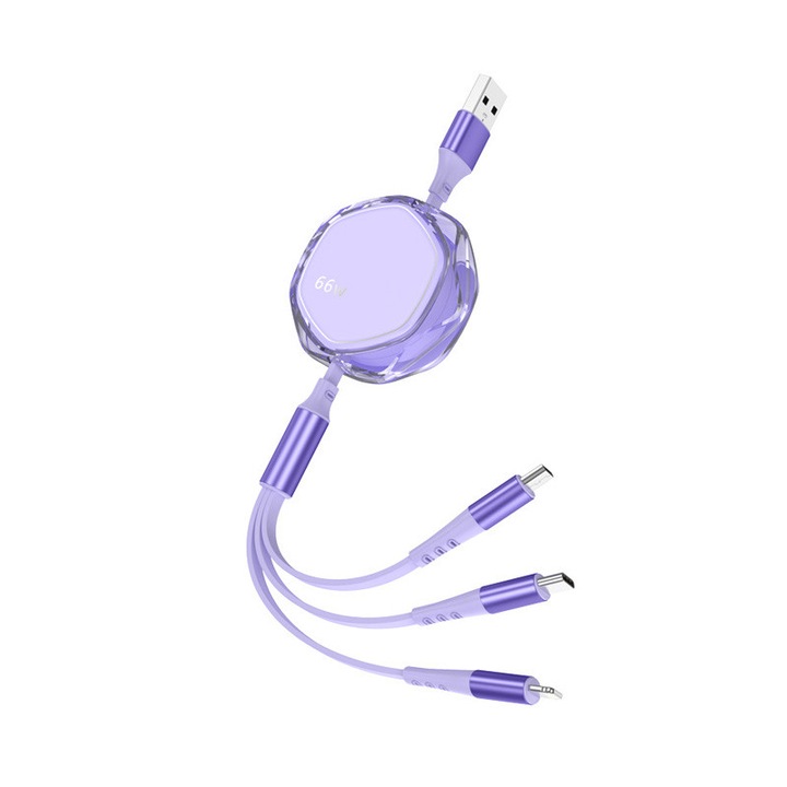 Cablu retractabil 3 in 1, SIHOiSi, 1.2m, incarcare rapida, mov