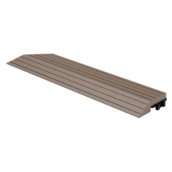 Profil unghiular din WPC ML-Design colt stang 38x2x7,5 cm culoare maro inchis, aspect lemn striat, bordura de finisare pentru pardoseala de terasa sau balcon sistem de drenaj si imbinare prin clic, rezistente la intemperii