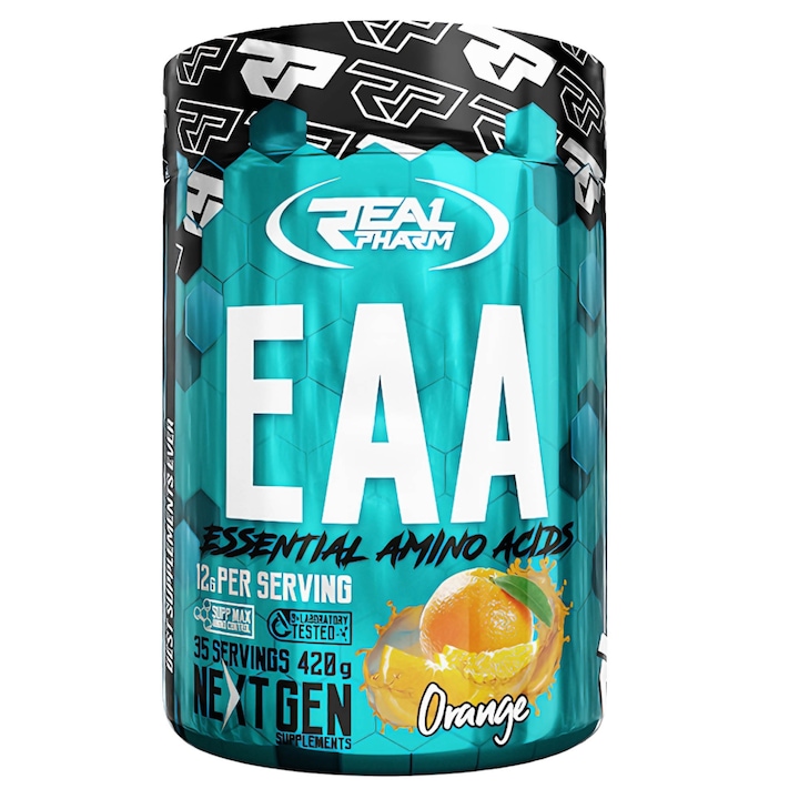Aminoacizi EAA 9 Esentiali Real Pharm, Pudra, 420g, Supliment pentru Muschi si Regenerare, Aroma Portocala