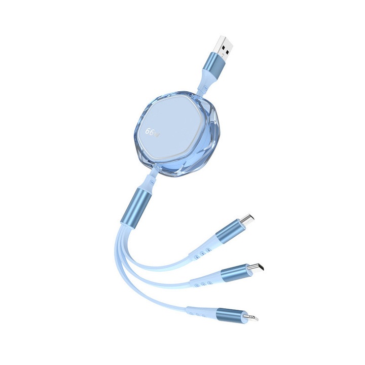 Cablu de date retractabil 3-in-1, 1.2m, SIHOiSi, pentru Type-C/Apple/Android, 5A, albastru