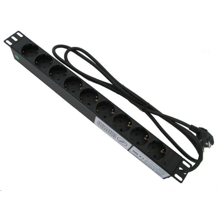 Ipari PDU 19”/1U rackhez, 9 Schuko aljzat 250V/16A (max 4000W), H05VV (3Gx1, 5mmp) kábel hossza 1,8 m