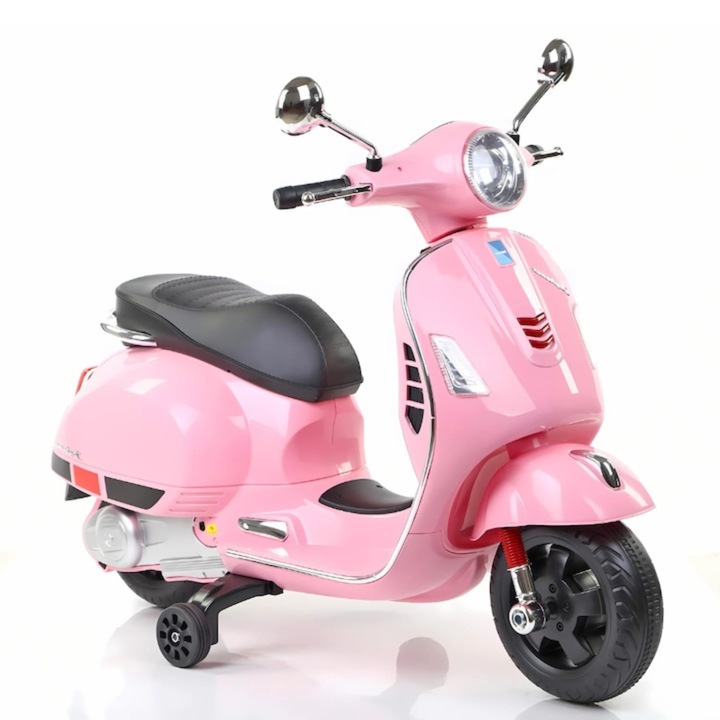 Електрическа тротинетка Macvi® за деца 3–8 години, реалистичен дизайн на Vespa, с 2 6V акумулаторни батерии, функционални светлини, помощни колела, аудио система и огледала, до 6 км/ч, розова