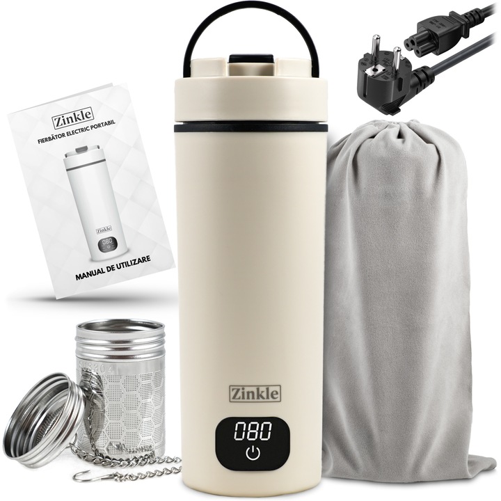 Zinkle Fierbator Electric Portabil 450ml – Control Temperatura 45–100°C, Infuzor Cadou, Mentine Cald 12h, Inox SUS304, Alb Mat