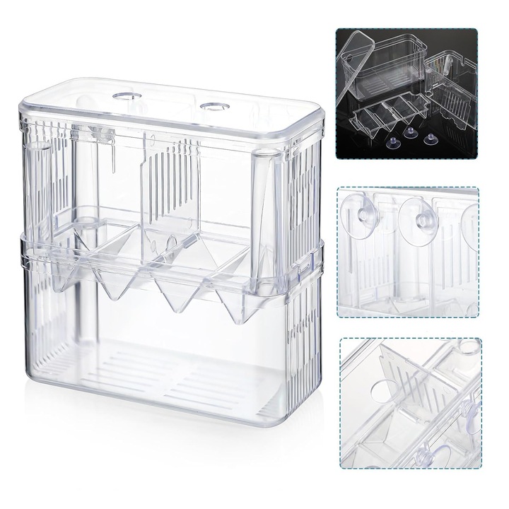 Fatatoare si separator pesti in V XL acril transparent cu ventuze, maternitate pesti vivipari, compatibil pompa aer, 18x8.5x15.5 cm