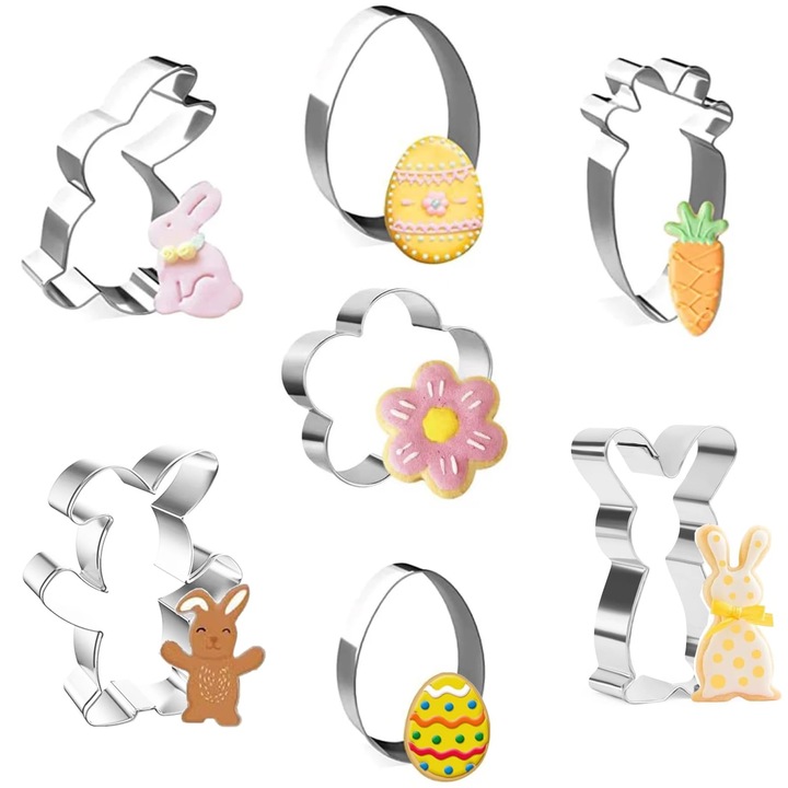 Set forme prajituri, 7 bucati, inox, modele iepuras, ou, morcov, cutie de depozitare