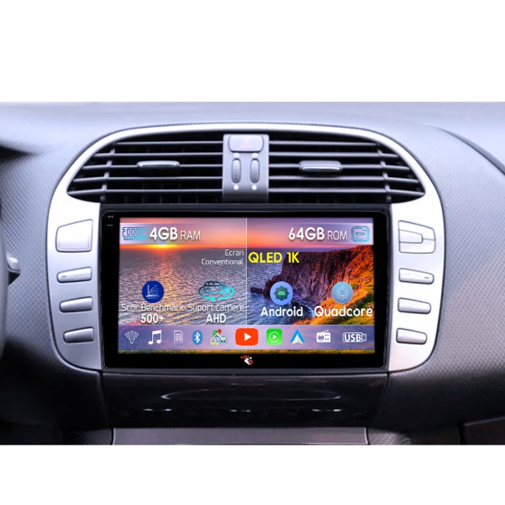 Navigatie dedicata Fiat Bravo 2008-2015, 4GB RAM 64GB ROM, Octacore, Android 14, Display QLED 1K 9", Carplay&Android Auto, SIM 4G, Ventilator Activ