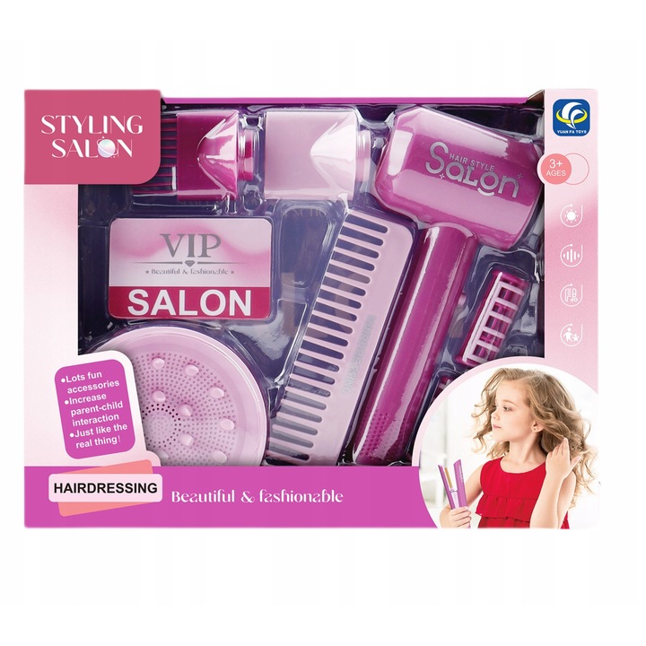 Set de frizerie pentru copii, NORIMPEX, uscator de par, accesorii, roz, 30,5x24x7cm