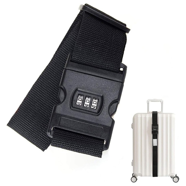 TravelLock Secure – Curea ajustabila cu Cifru pentru Valiza, Troler, Geanta, 180x5cm, Cod de Securitate, Accesoriu pentru Calatorii in Siguranta, Combinatii Sigure, Anti-Furt, Asigura Siguranta Valizei, Negru