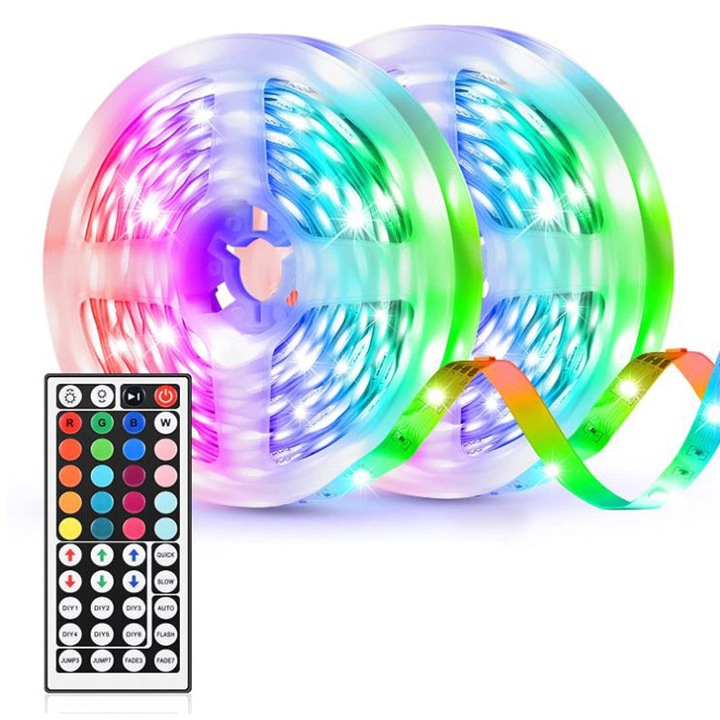 Kit banda LED Gaea 5050, cu telecomanda IR, 44 Taste, 10 m, Control prin aplicatie, Multicolor