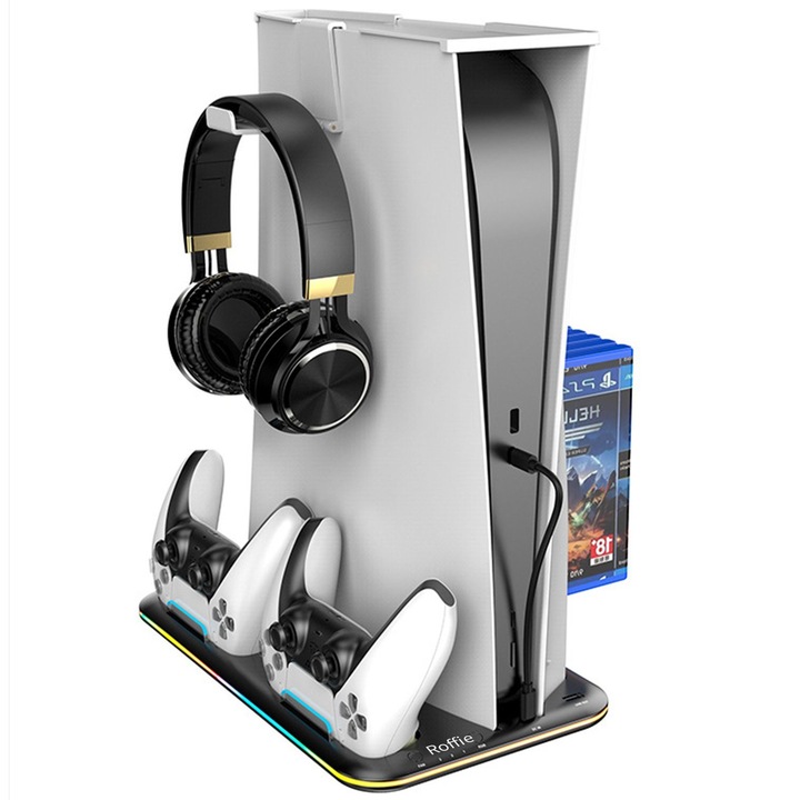 Suport PS5 cu ventilator, Haiaveng, statie incarcare pentru controler, suport casti si 6 jocuri