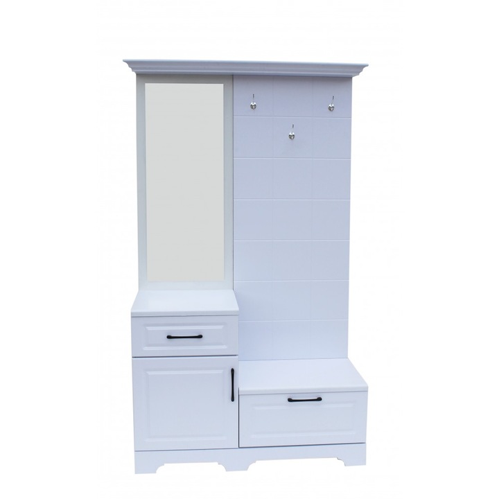 Cuier ZQD 109, Alb, 3 agatatori, oglinda, 113x43x205cm