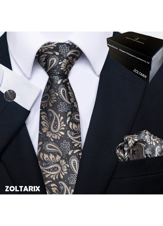Set Cravata cu Batista si Butoni si Ac de cravata, ZOLTARIX,147 x 8 cm, Polyester, Potrivit pentru petreceri de dans, nunti, banchete, afaceri, Confortabila si moale, Auriu Negru